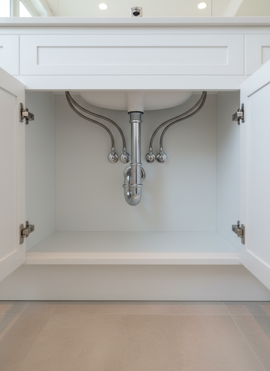 A pristine residential bathroom under-sink plumbing setup revealed by an open, white shaker-style cabinet door, showing gleaming chrome P-traps, neatly aligned shutoff valves, and flexible braided supply lines arranged without tangles. The cabinet interior is spotless, with a smooth, semi-gloss finish that reflects a touch of light. Overhead recessed lighting and cool daylight from an unseen window blend to create soft, balanced illumination, with gentle shadows under the pipes enhancing depth. Captured from a low, forward-facing angle, the composition uses shallow depth of field to keep the plumbing in crisp focus while the neutral-toned tile floor and baseboards recede into a soft blur. The atmosphere is clean, organized, and reassuring, emphasizing professional residential plumbing workmanship in a modern, corporate photographic style.
