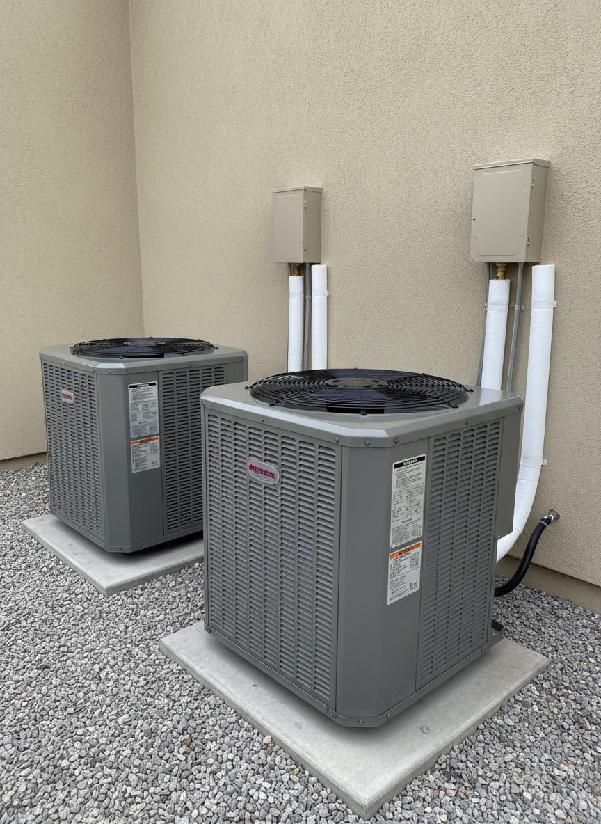 A clean, organized exterior condenser pad showcasing two high-efficiency HVAC condensing units in neutral gray, each with clearly visible data plates, straight refrigerant line sets covered in uniform UV-resistant insulation, and neatly anchored electrical disconnect boxes mounted on a freshly painted light-tan wall. The units sit on level composite pads surrounded by tidy gravel, with no debris or vegetation. Soft, overcast daylight provides even, shadow-free illumination that maintains accurate color and subtle metallic texture on the equipment grilles. Captured from a slightly low, three-quarter angle, the composition emphasizes alignment and spacing, with sharp focus on all technical elements. The atmosphere is orderly and professional, in a clean, realistic photographic style that reflects a disciplined, corporate approach to HVAC work.