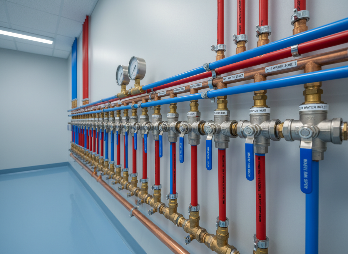 A meticulous close-up of a modern plumbing manifold wall inside a pristine mechanical room, featuring neatly organized PEX and copper pipes labeled with clear tags, pressure gauges with glass faces, and stainless steel shut-off valves aligned in perfect rows. The equipment is mounted against a smooth light-gray wall above a spotless epoxy-coated floor. Cool, even LED ceiling lighting creates crisp reflections on the metal surfaces and soft, precise shadows that emphasize the orderliness. Captured at eye level with a slightly wide angle and sharp focus throughout, the composition highlights clean lines and structured layout. The mood is professional, reliable, and methodical, with a photographic realism and corporate aesthetic that conveys expert craftsmanship and attention to detail for a veteran-owned plumbing and HVAC business.