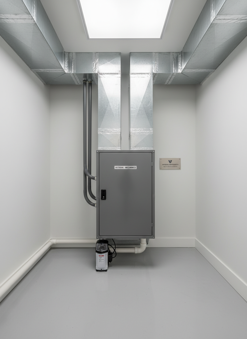 A meticulously installed HVAC air handler in a tidy utility closet, featuring a sleek, metallic gray unit with a clearly visible service panel, insulated refrigerant lines, and perfectly straight galvanized ductwork sealed with clean lines of foil tape. A white condensate pump and PVC drain line run along a spotless, light-gray painted floor. Bright, diffused LED lighting from above evenly illuminates the space, producing soft reflections on the metal surfaces and minimal shadowing. Shot at eye level with a slightly compressed perspective, the composition is symmetric and structured, underscoring the mechanical order. The mood is efficient and dependable, presented in realistic, high-resolution photographic detail that communicates organized, professional HVAC installation for a veteran-owned mechanical contractor.