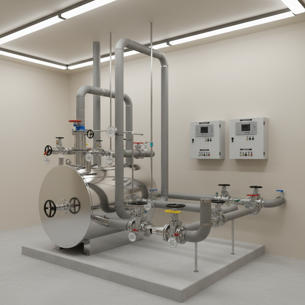 A polished, stainless steel commercial boiler system with multiple connected zones, featuring insulated supply and return lines wrapped in neutral gray insulation, color-coded valves, and clearly labeled control panels mounted on a smooth, light-beige wall. The boiler rests on a flawless concrete pad with no debris in sight. Linear LED strip lights above cast bright, cool-white illumination, highlighting the system’s geometry and casting subtle, sharp-edged shadows behind the pipes. The camera is positioned at a three-quarter angle, using the rule of thirds to emphasize both the main boiler and the branching distribution lines. The mood is calm, controlled, and highly technical, rendered in crisp photographic realism that underscores reliability and precision in HVAC services for commercial and residential clients.
