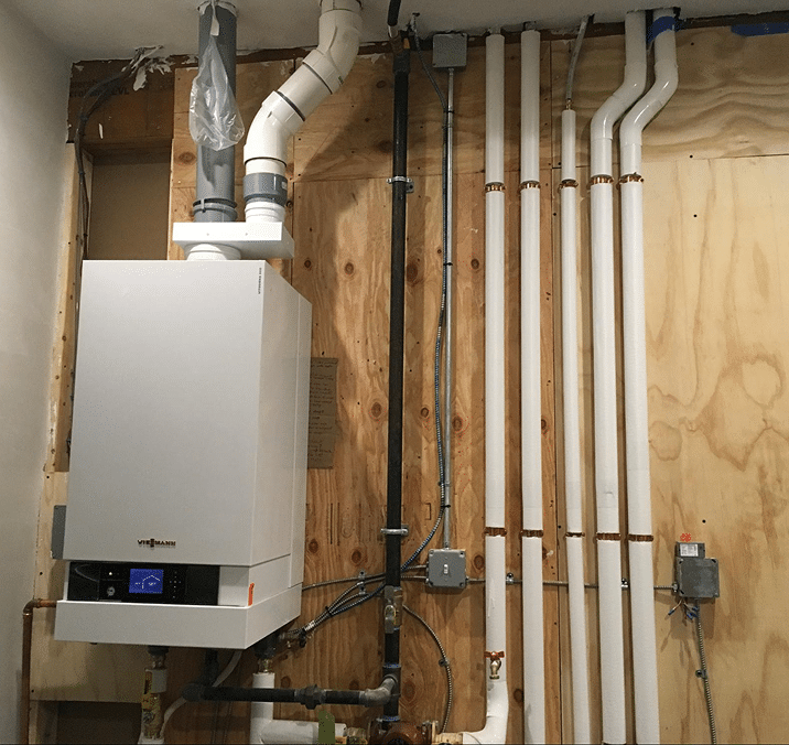 Wall-mounted high-efficiency boiler installation, South Shore MA
